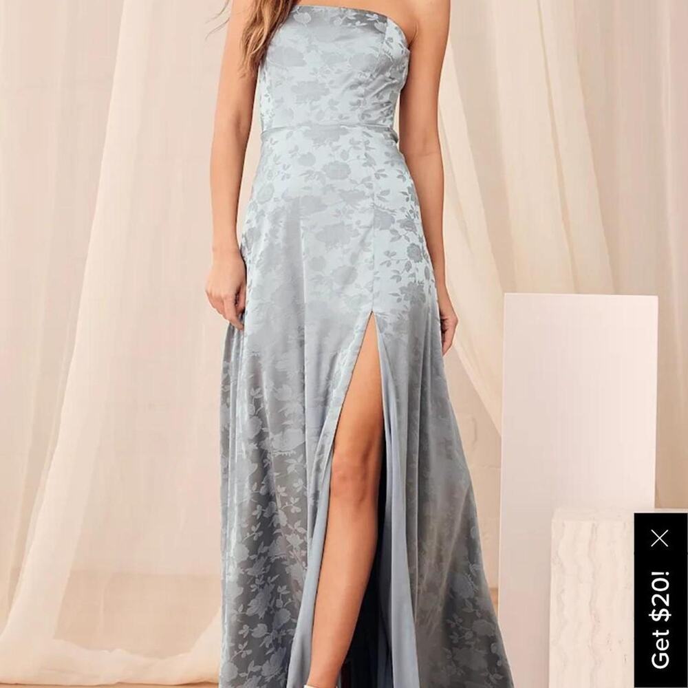 Lulus Made to Marvel Dusty Blue Floral Jacquard Strapless Maxi Dress – Size 4